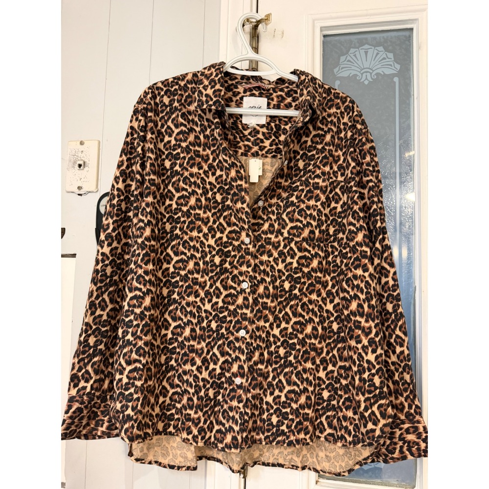 Aerie Leopard Print Button Down Shirt Long Sleeve Animal Print Tan Black Medium